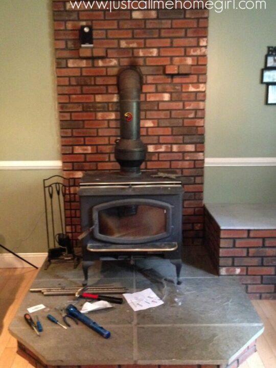 wood stove with red brick.