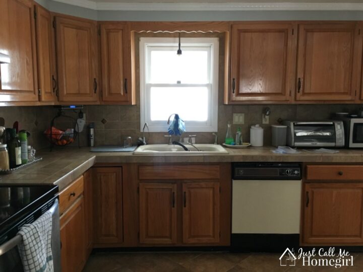 before picture of orange oak cabinets in a kitchen