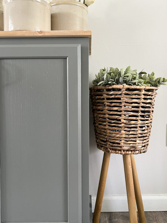 close up of basket with plants on it on a plant stand