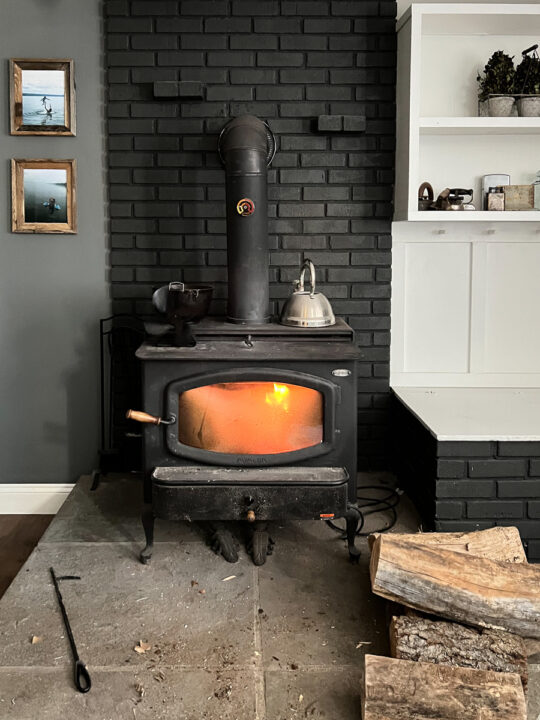 Fire roaring in wood stove 