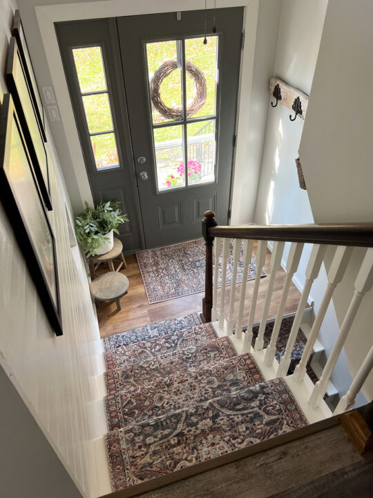 stairs with runner in a raised ranch