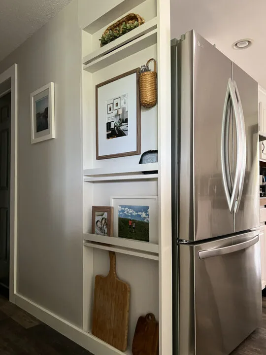 shelf next to a refrigerator 